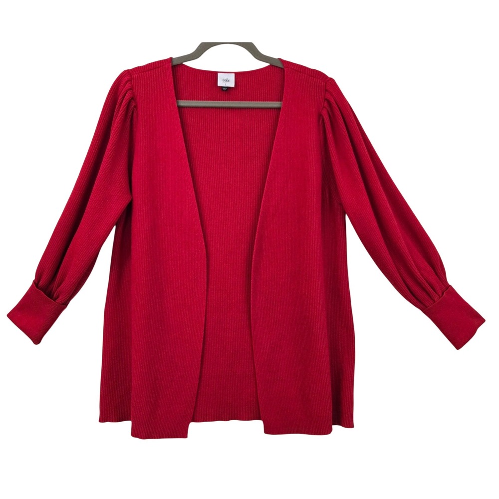 Chicโ Cotton Cabi Red Ribbed Puff Sleeve Open Front Cardigan Sweater Womens L